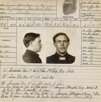 (AMERICAN MUG SHOTS) Group of 100 mug shots of suspected criminals, all men, each featuring a photograph of the subject,